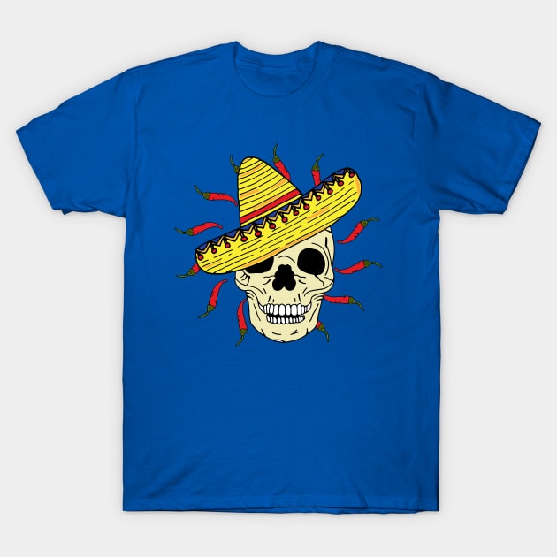 Skeleton Skull Wearing Sombrero with Chillies T-Shirt by HotHibiscus